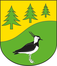 Gemeindewappen Brunsmark Beschreibung: Drei grüne Tannen auf gelben Grund und ein nach links gewandter Kiebitz auf grünem Grund