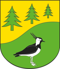 Gemeindewappen Brunsmark Beschreibung: Drei grüne Tannen auf gelben Grund und ein nach links gewandter Kiebitz auf grünem Grund
